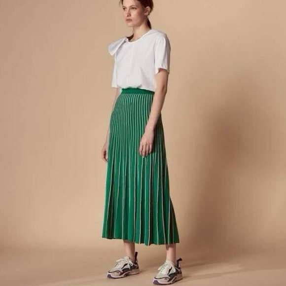 Sandro Paris | Green and Silver Pleated Knit Maxi Skirt, Size 1 - Picture 1 of 10